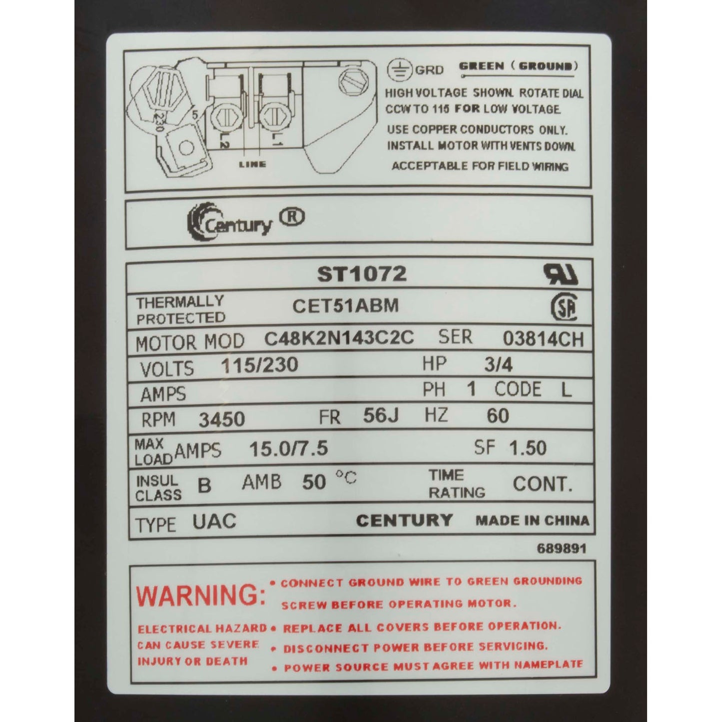 Motor, Century, 0.75hp, 115v/230v, 1-Spd, 56Jfr, C-Face Thd