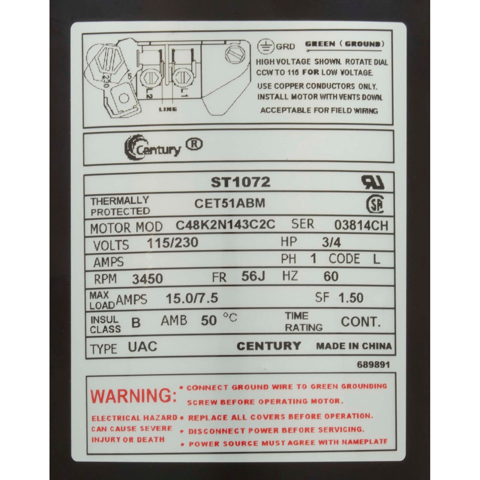 Motor, Century, 0.75hp, 115v/230v, 1-Spd, 56Jfr, C-Face Thd