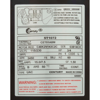 Motor, Century, 0.75hp, 115v/230v, 1-Spd, 56Jfr, C-Face Thd