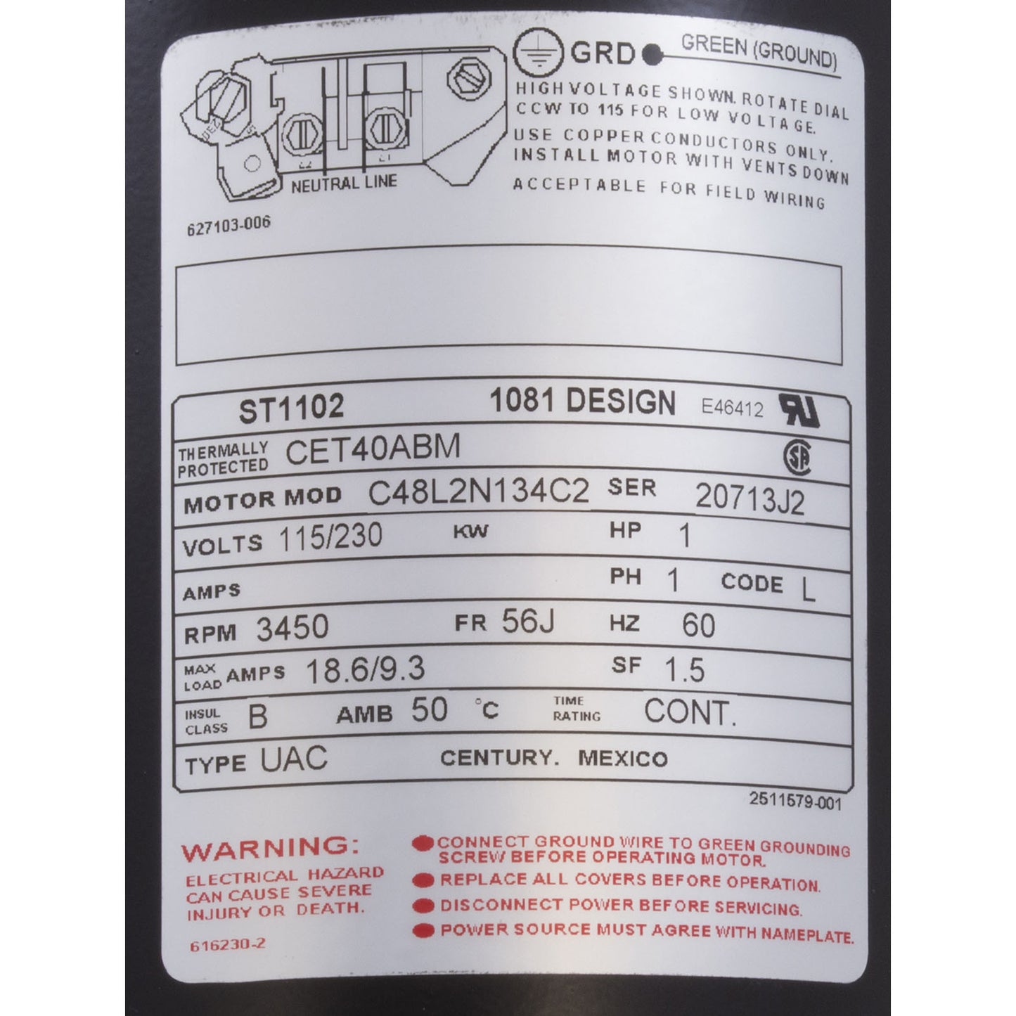 A.O. Smith-Motor, Century, 1.0hp, 115v/230v, 1-Spd, 56Jfr, C-Face Thd