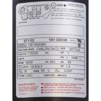 A.O. Smith-Motor, Century, 1.0hp, 115v/230v, 1-Spd, 56Jfr, C-Face Thd