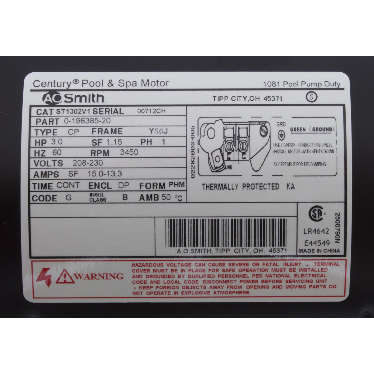 Motor, Century, 3.0hp, 208v-230v, 1-Spd, 56Jfr, C-Face Thd, EE