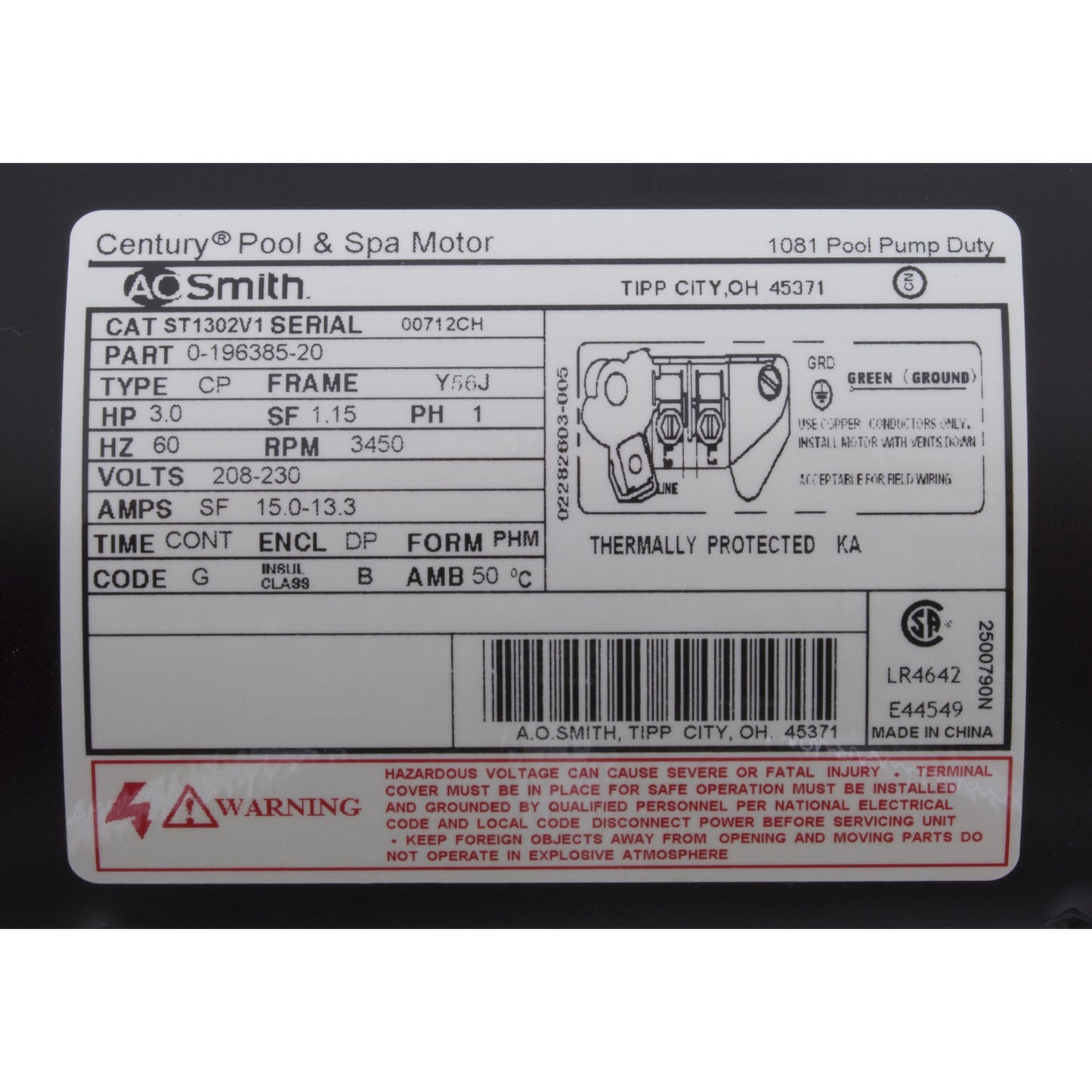 Motor, Century, 3.0hp, 208v-230v, 1-Spd, 56Jfr, C-Face Thd, EE