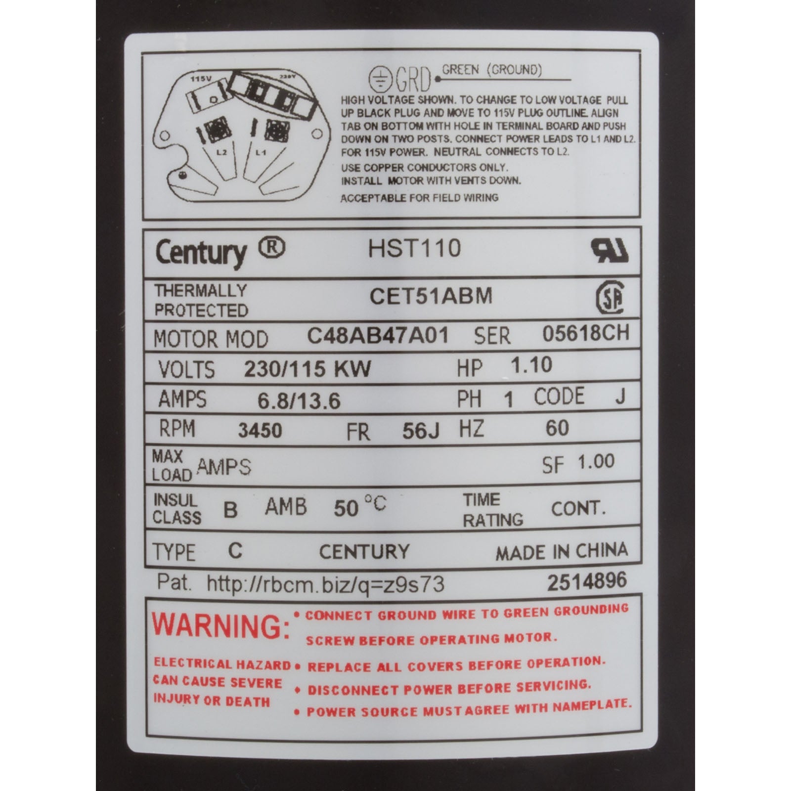 Motor, Century Centurion PRO, 1.0hp, 1Spd, 115/230v, CFace, 56Jfr