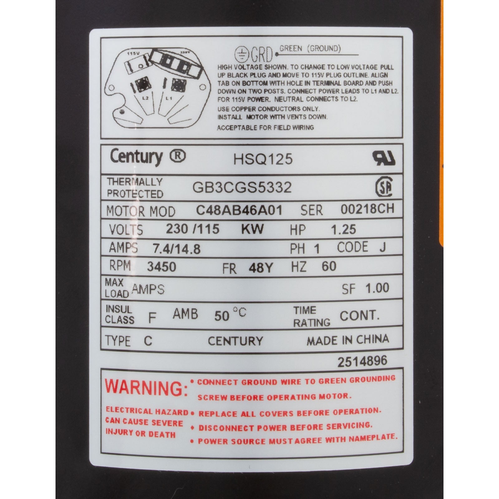 Motor, Century Cent PRO, 1.25hp, 115/230v, 1Spd, SQFL, 48Yfr, Thd