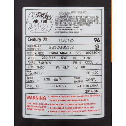 Motor, Century Cent PRO, 1.25hp, 115/230v, 1Spd, SQFL, 48Yfr, Thd