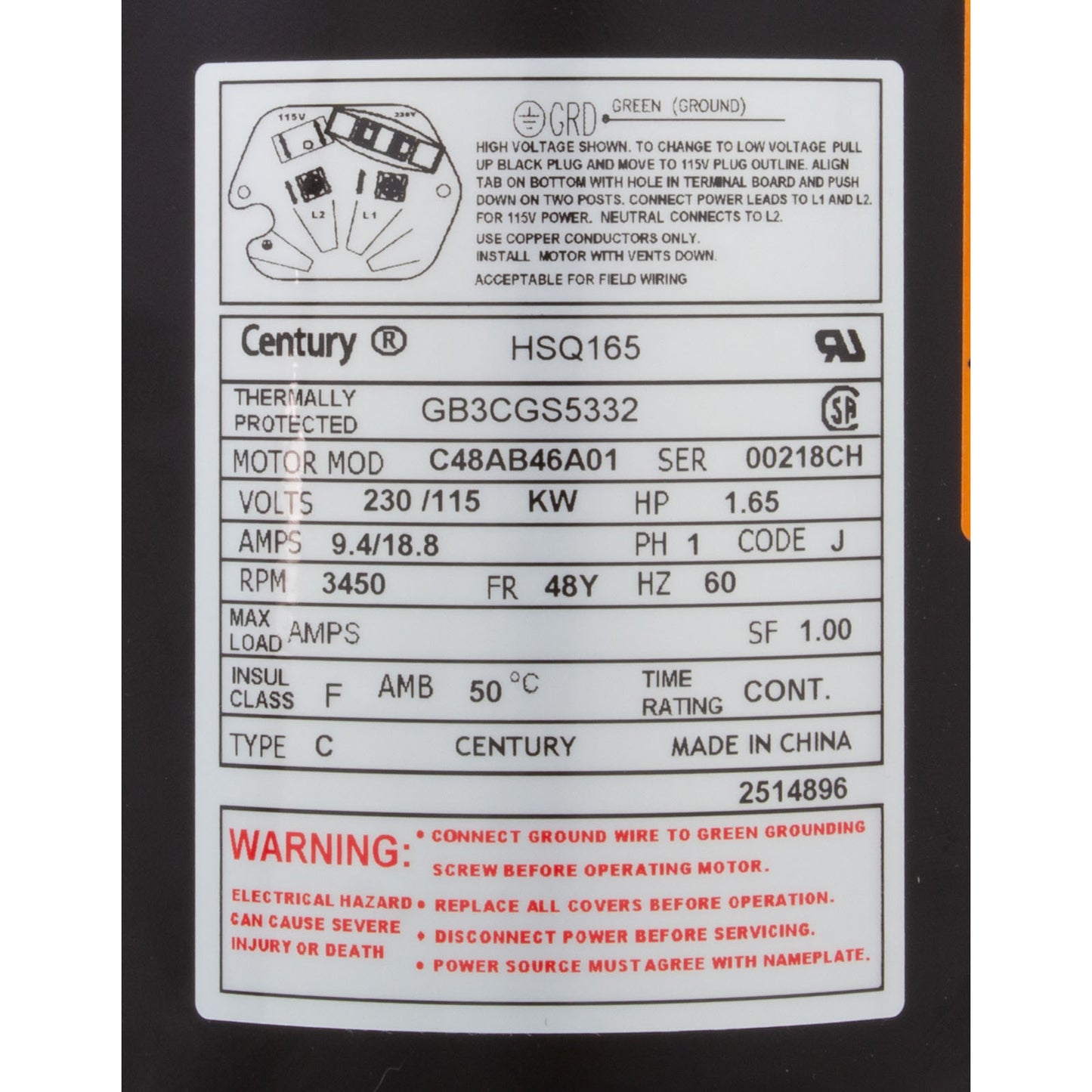 Motor, Century Cent PRO, 1,65 hp, 115/230 v, 1 velocidad, SQFL, 48 Yfr, rosca