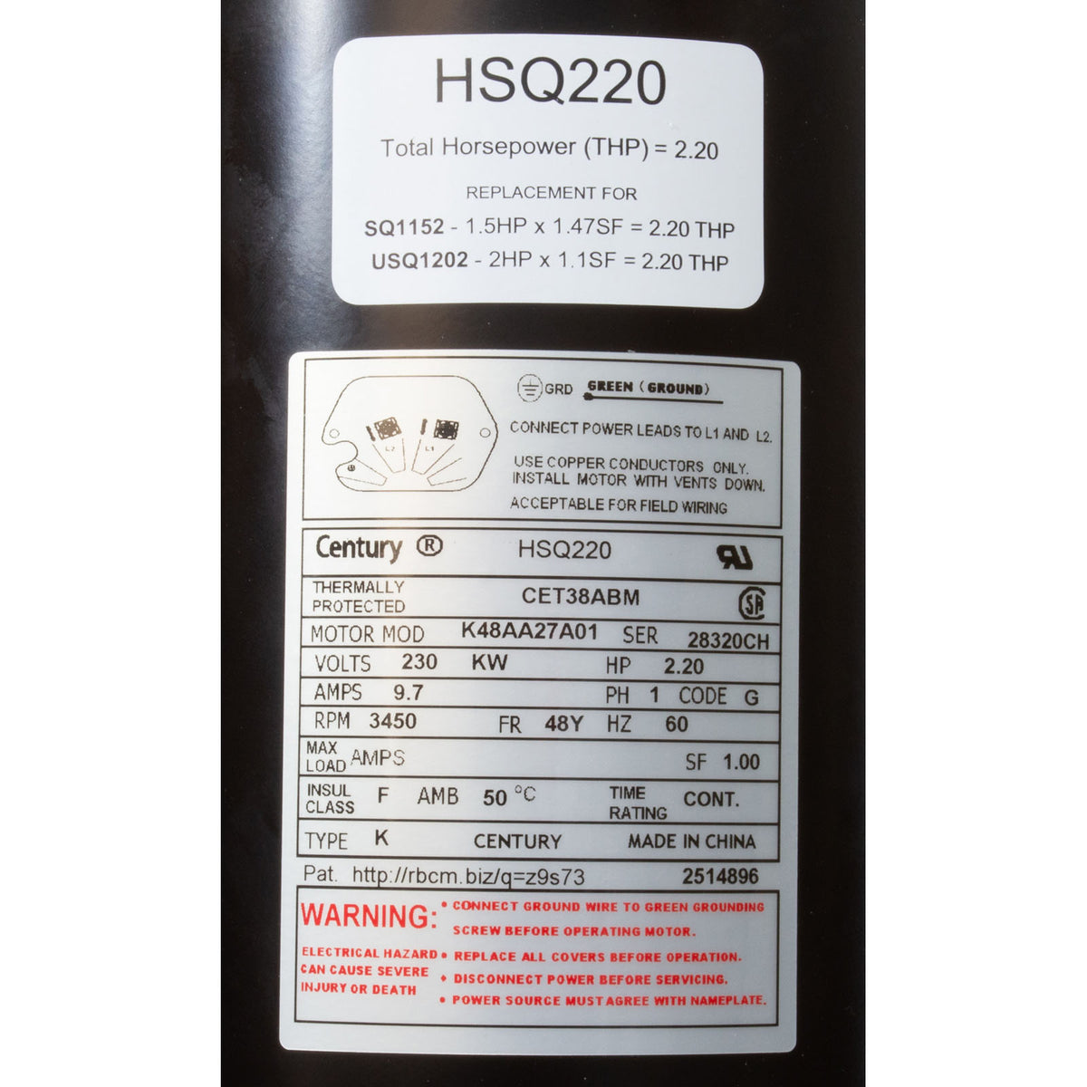 Motor, Century Cent PRO, 2.2hp, 230v, 1-Spd, SQFL, 48Yfr, Thd