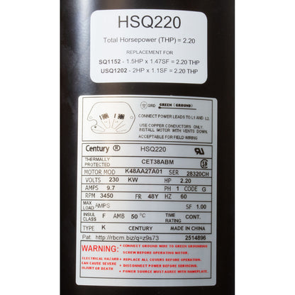 Motor, Century Cent PRO, 2.2hp, 230v, 1-Spd, SQFL, 48Yfr, Thd