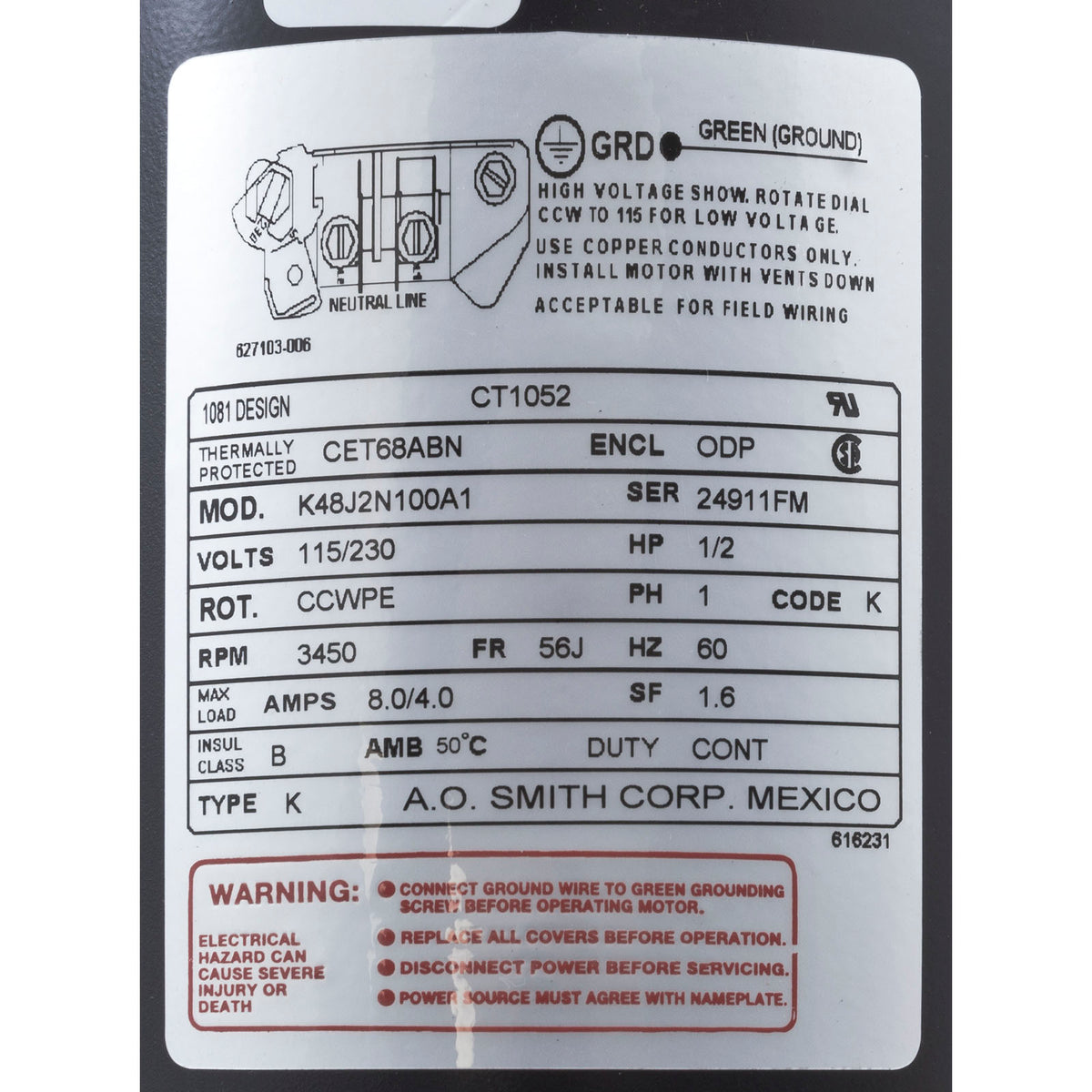 Motor, Century, 0.5hp, 115v/230v, 1-Spd, 56Cfr, C-Face Thd, EE