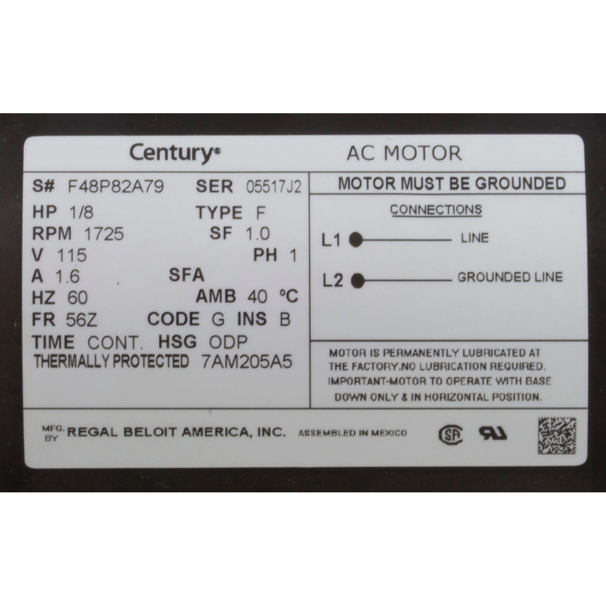 Motor, Century/WW, 1/8hp, 115v, 1-Spd, 48fr, Stubby, Circ