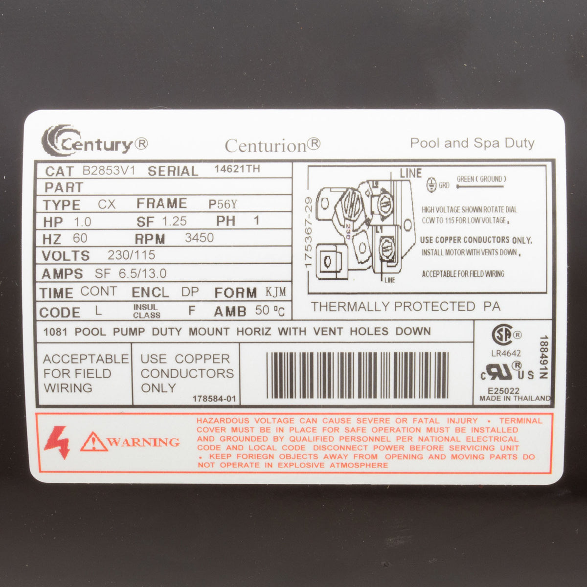 Motor, Century, 1.0hp, 115/230v, 1-Spd, 56YFr, SQFL, Uprate