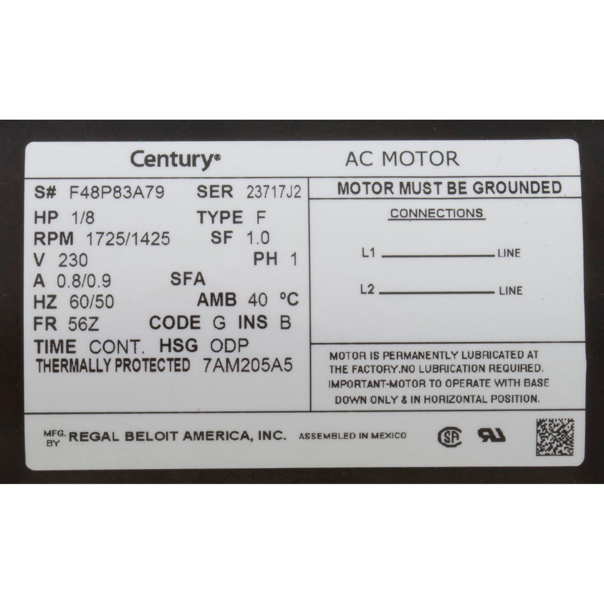 Motor, Century/WW, 1/8hp, 230v, 1-Spd, 48fr, Stubby, Circ