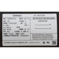 Motor, Century/WW, 1/8hp, 230v, 1-Spd, 48fr, Stubby, Circ
