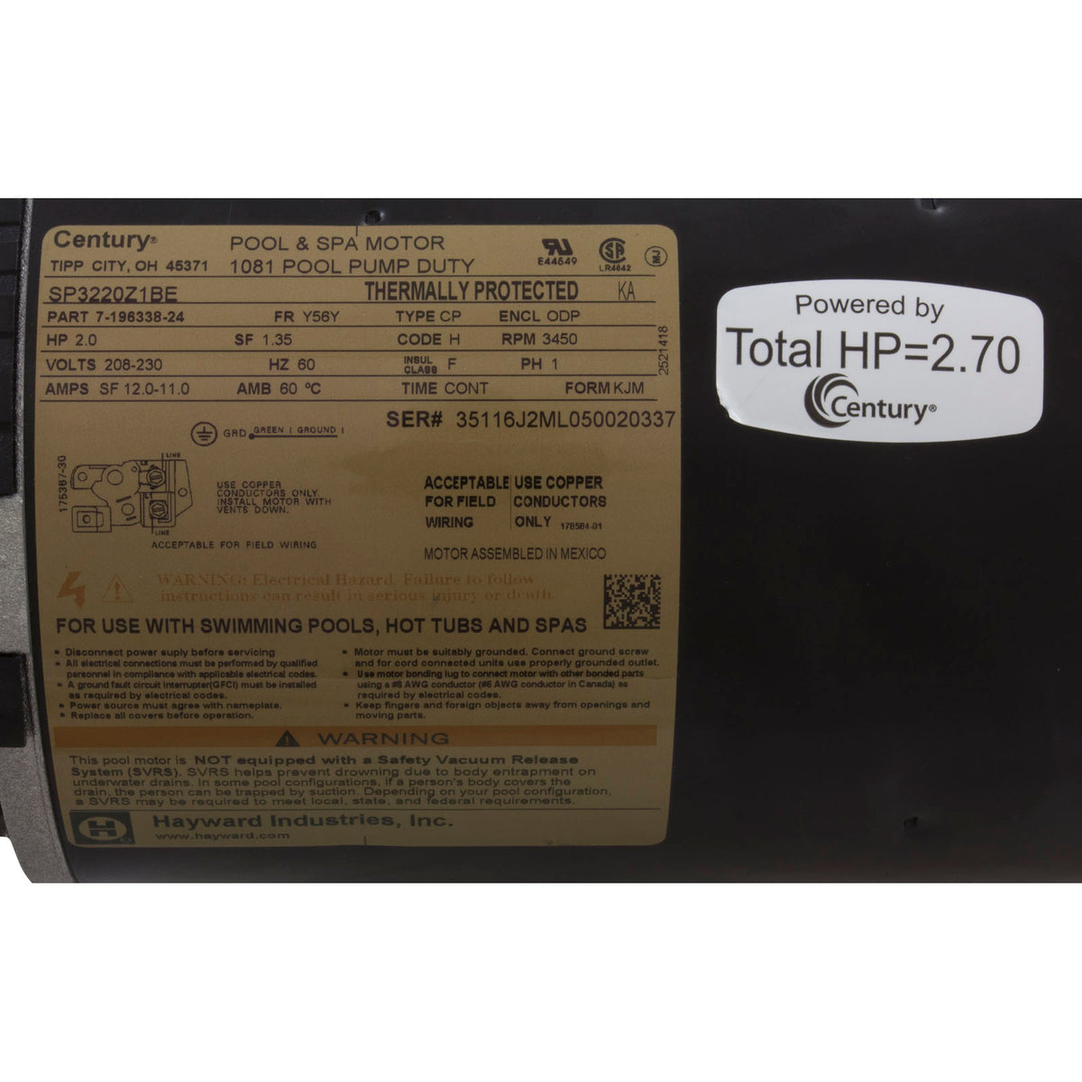 Motor, Hayward TriStar, 2.0hp, 1-Spd, 208-230v, SQFL, EE, Full