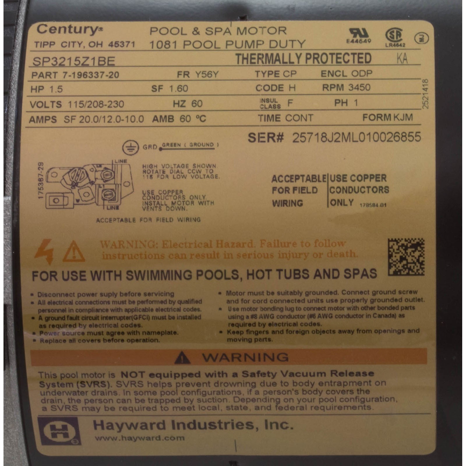 Motor, Hayward TriStar, 1.5hp, 1Spd, 115v/208-230v, SQFL, EE, Full