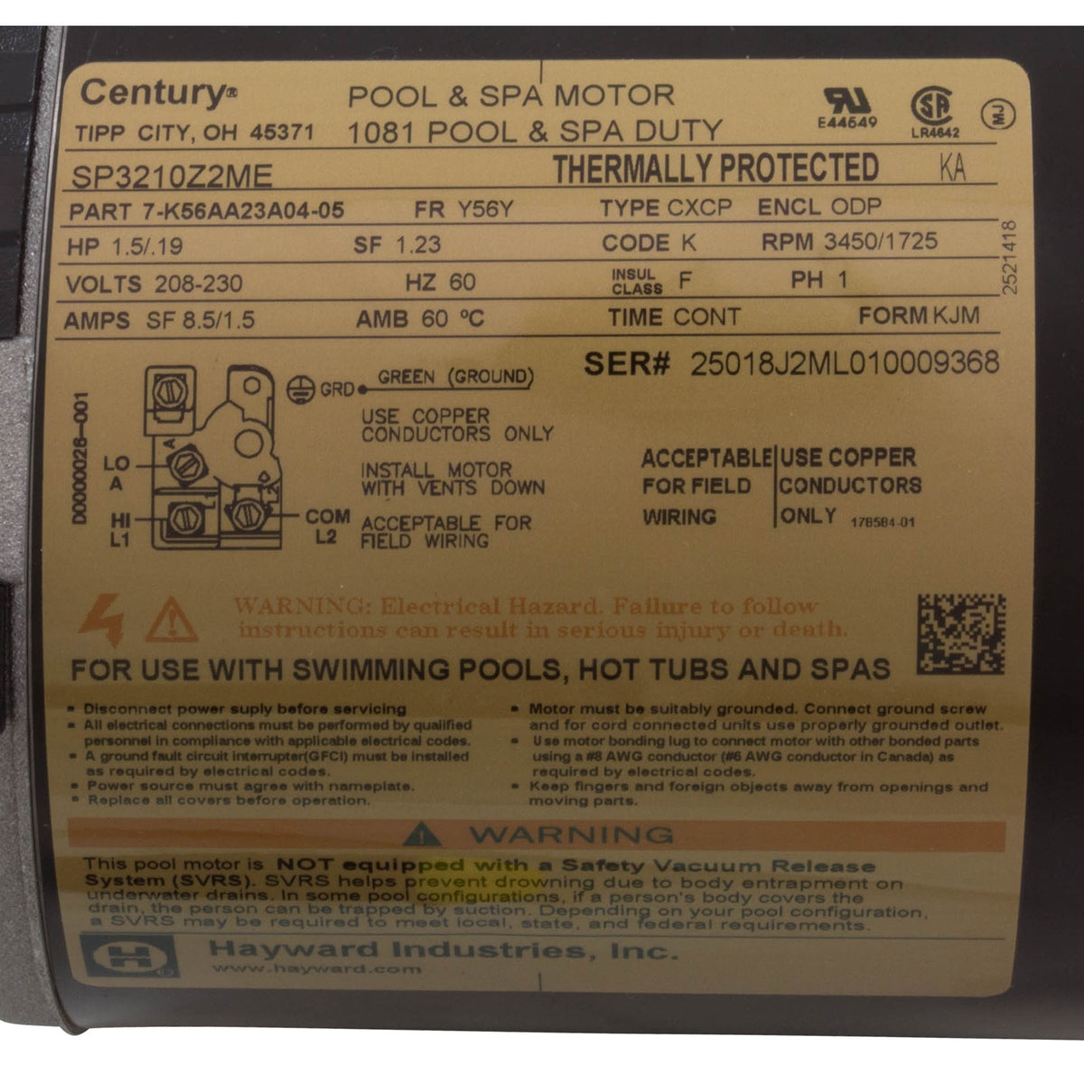 Motor, Hayward TriStar SP3200X, 1.5hp, 2-Spd, 208-230v, MaxRated