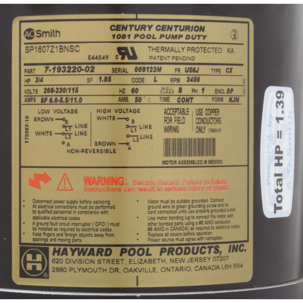 Motor, Hayward NorthStar, 0.75hp, Full Rate