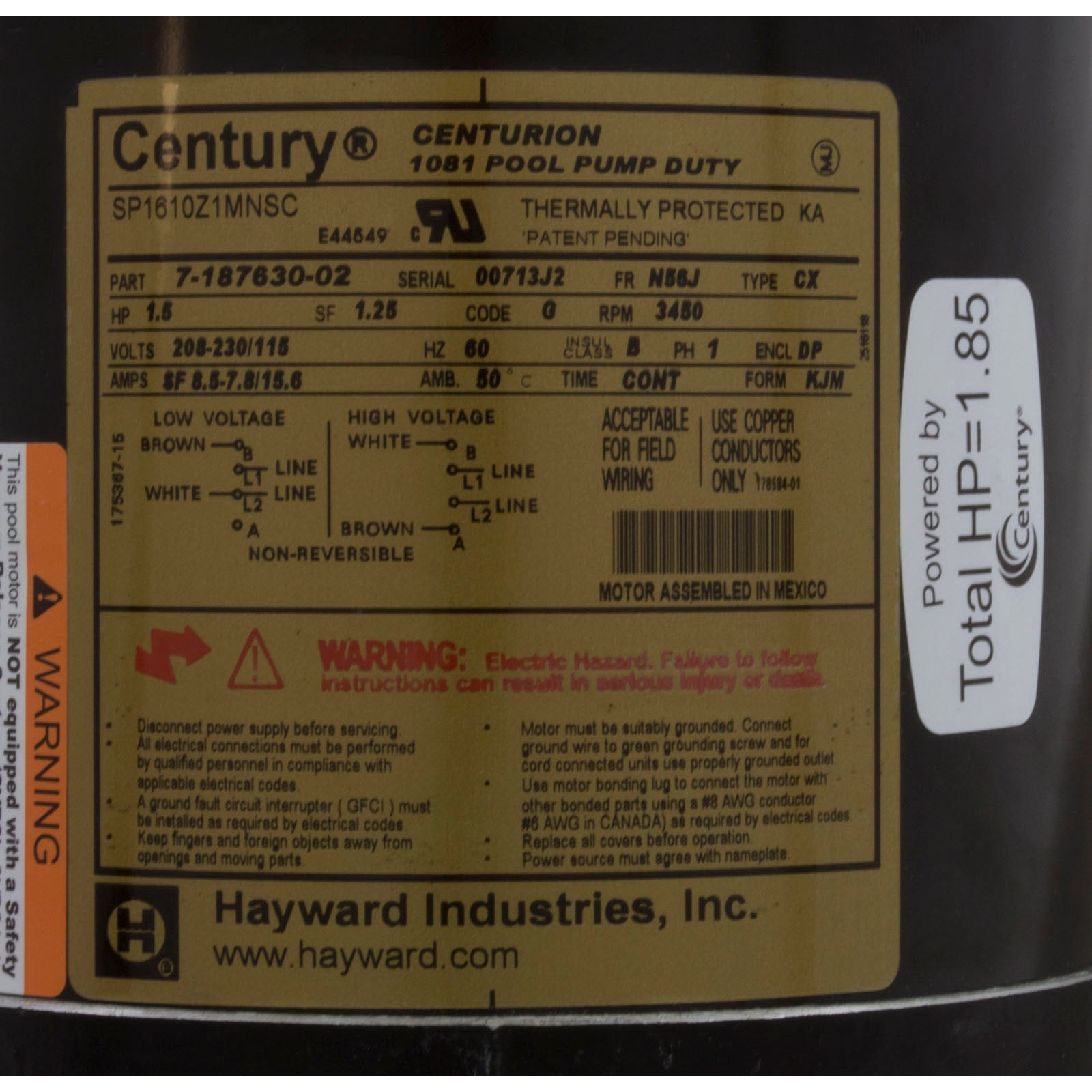 Motor, Hayward NorthStar SP4000X, 1.5hp, 1-Spd, Max Rated, EE