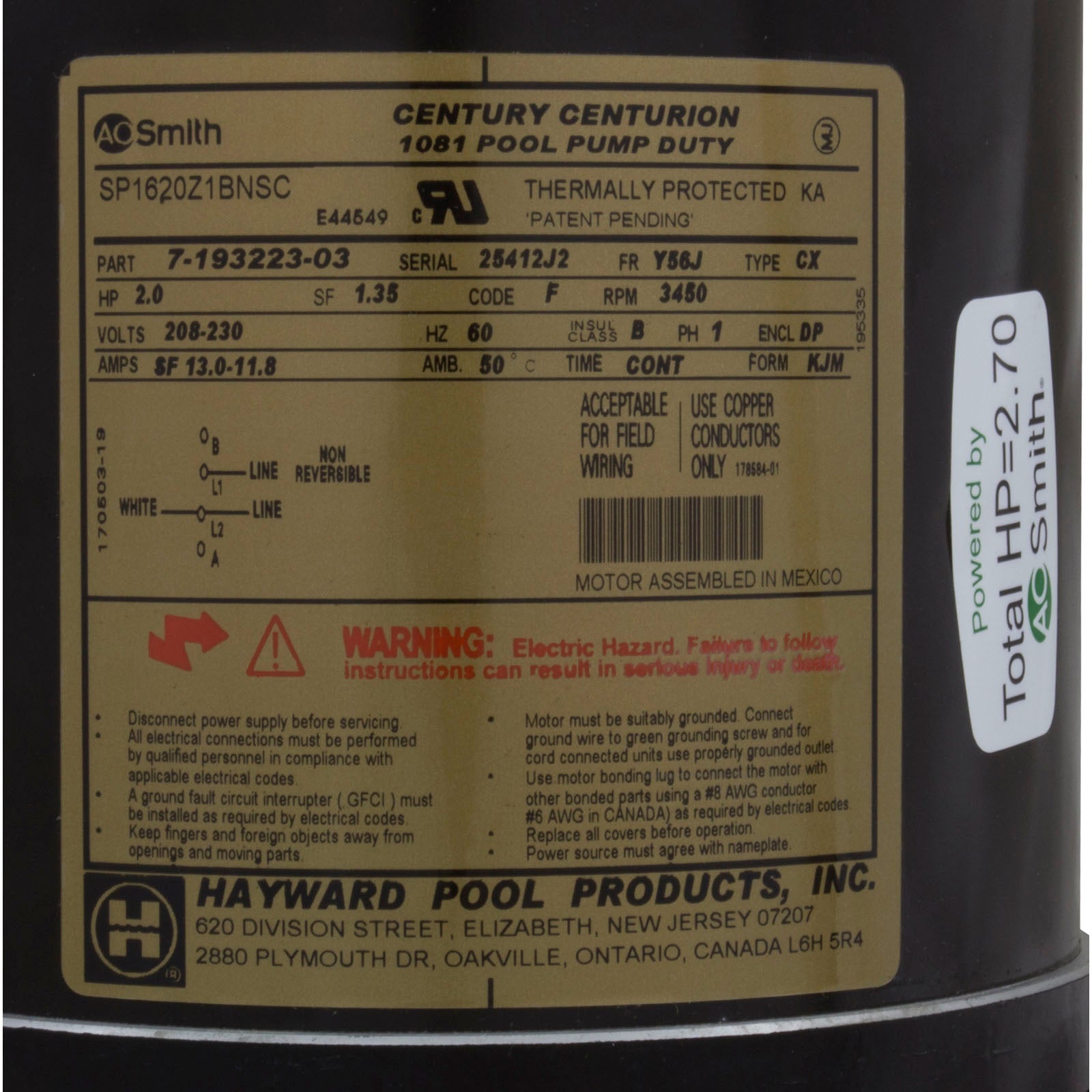 Motor, Hayward NorthStar SP4000, 2.0hp, 1-Spd, Full Rated, EE