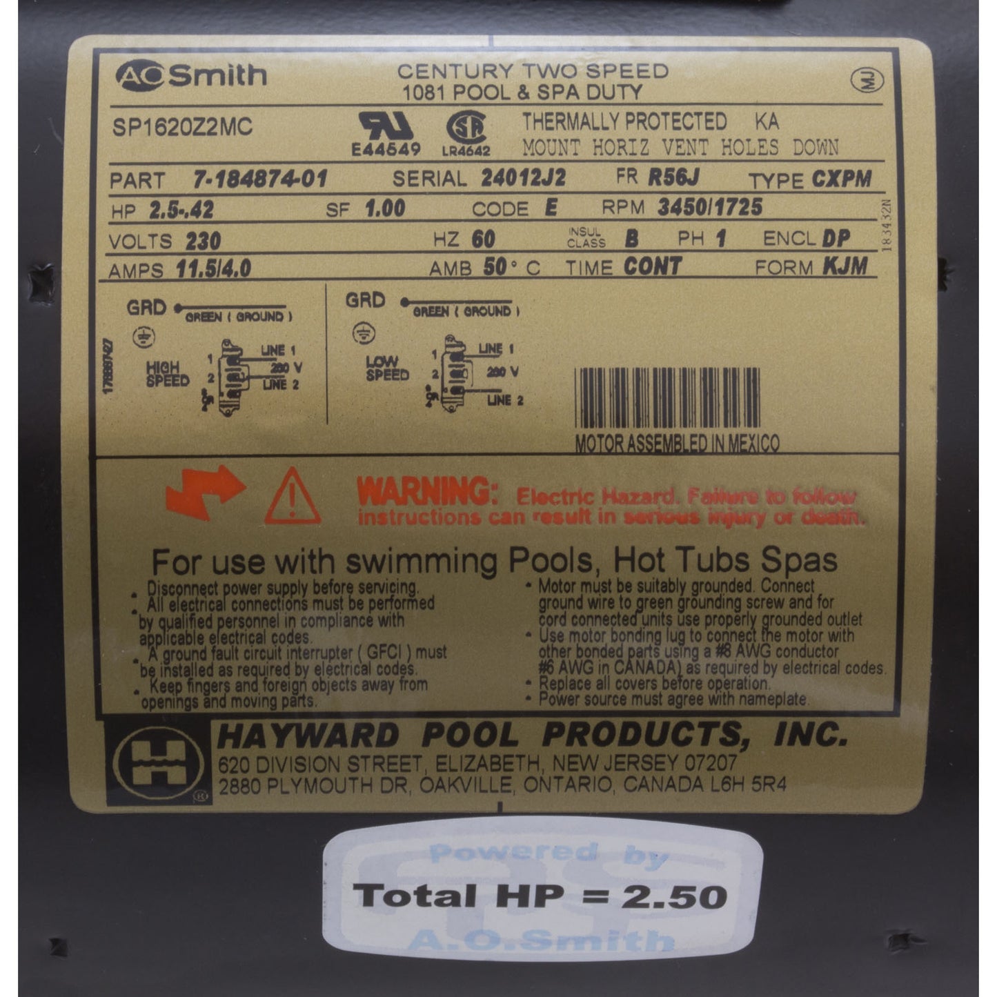 Motor, AO Smith, 2.5 Horsepower, 2 Speed, Northstar