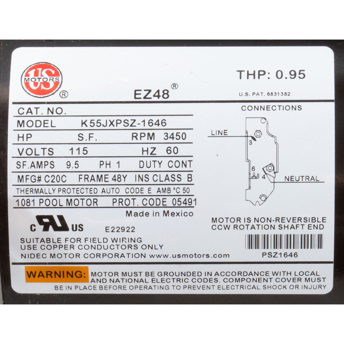 Motor, US Motor/WW, 1.0hp, 115v, 1-Speed, 48 Frame