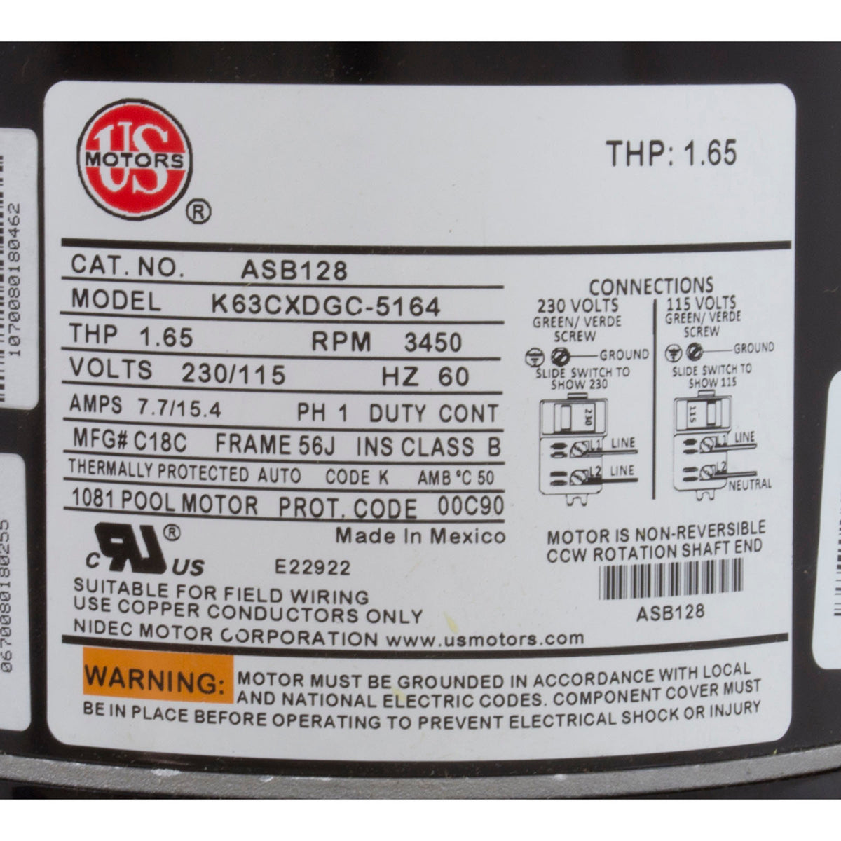 Motor, US Motor, 1.0 Horsepower, Threaded, Fullrate, 115/230