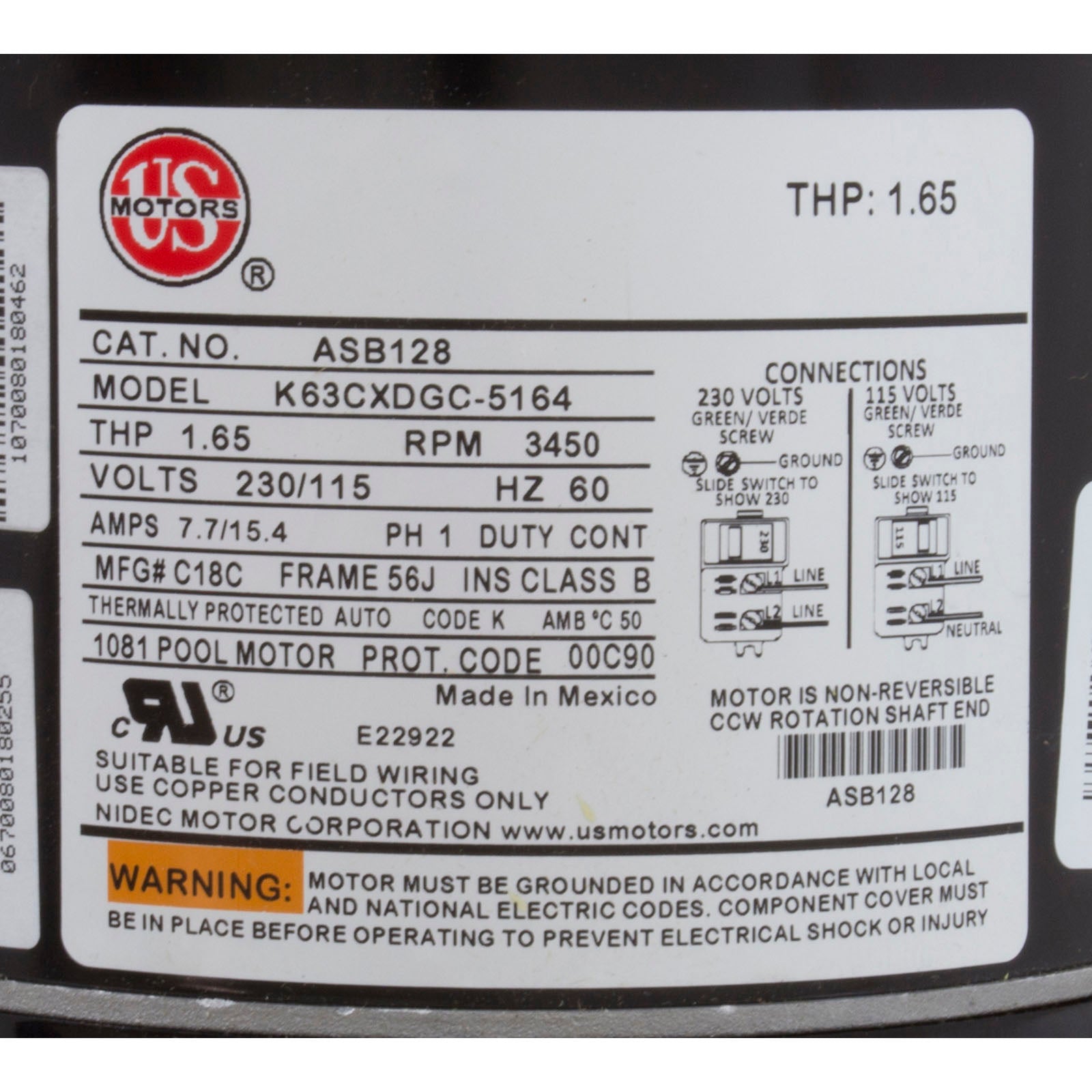 Motor, US Motor, 1.0 Horsepower, Threaded, Fullrate, 115/230