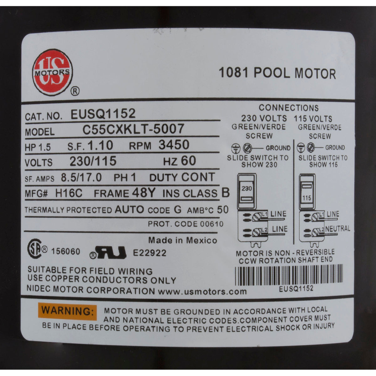 Motor, Nidec, 1.5 Horspower, SQFL, Uprate, 115/230v, 48Y