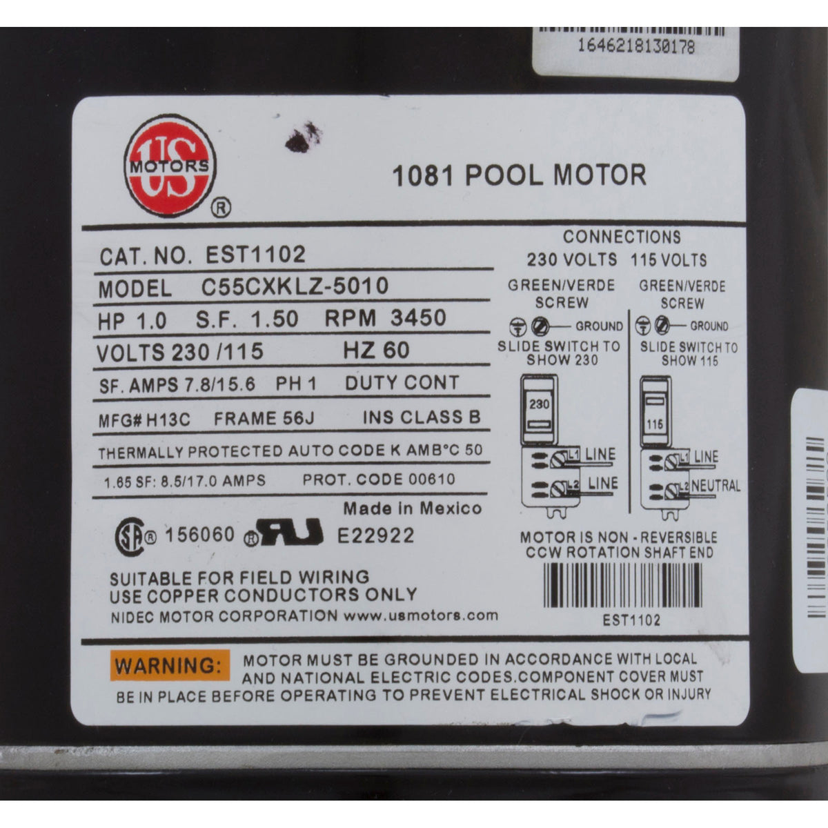 Motor, Nidec, 1.0hp, Threaded, Fullrate, 115/230v, 56J