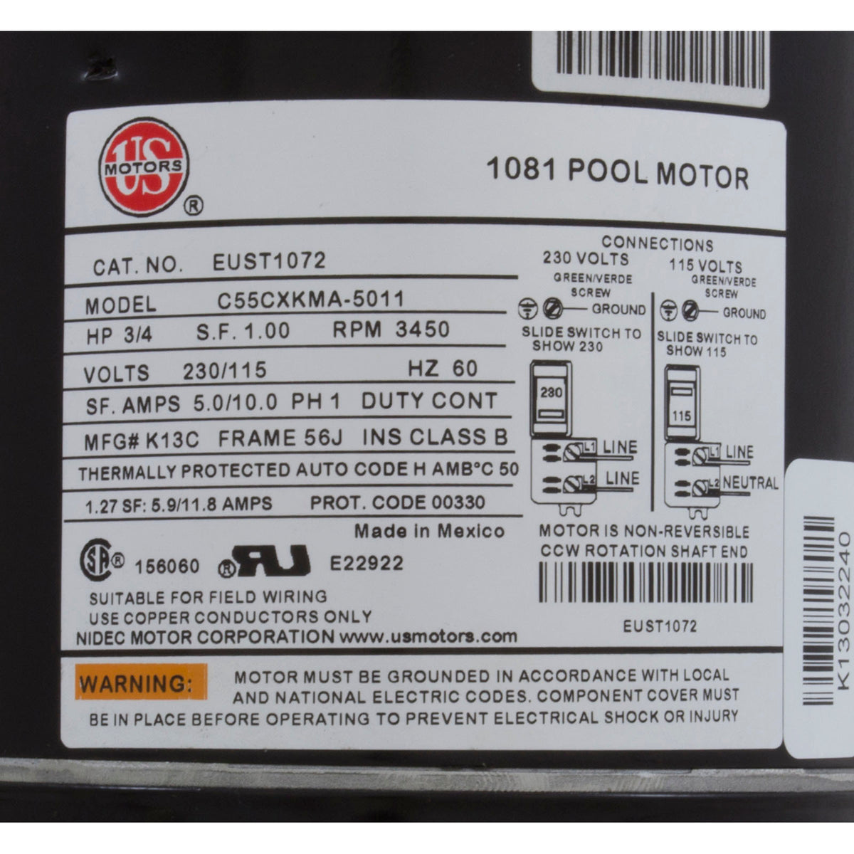 Motor, Nidec, 0.75 Horsepower, Threaded, 115v/230v, Uprated, 56J