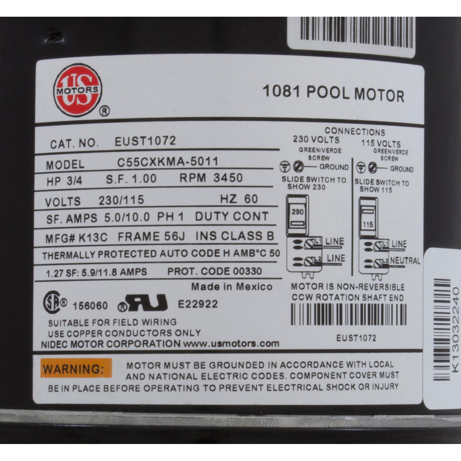Motor, Nidec, 0.75 Horsepower, Threaded, 115v/230v, Uprated, 56J