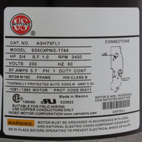 Motor, Nidec, 0.75 Horsepower, ThruBolt, 1-Speed, 230v, 5.0A