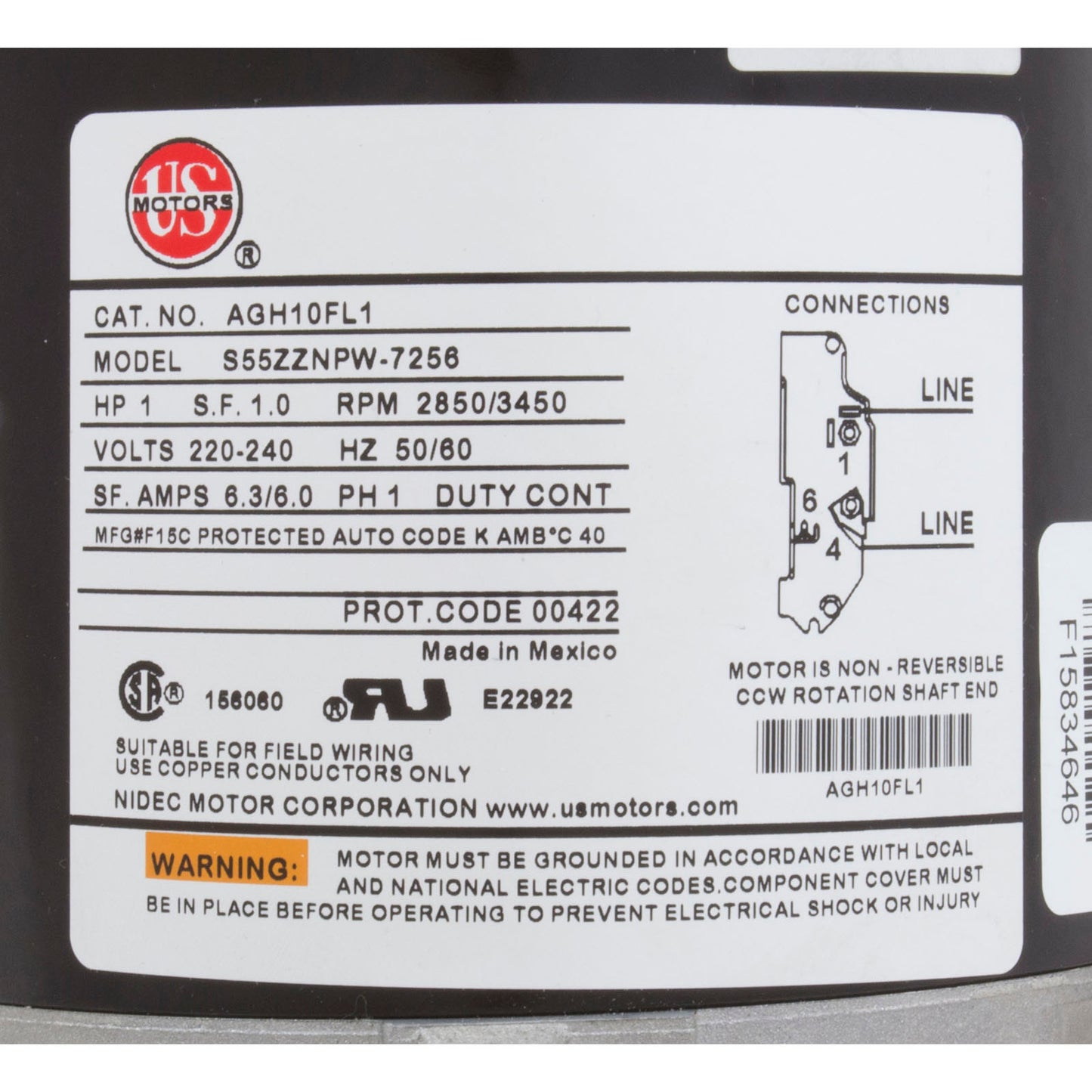 Motor, Nidec, 1,0 caballos de fuerza, ThruBolt, 1 velocidad, 230 V, 6,0 A