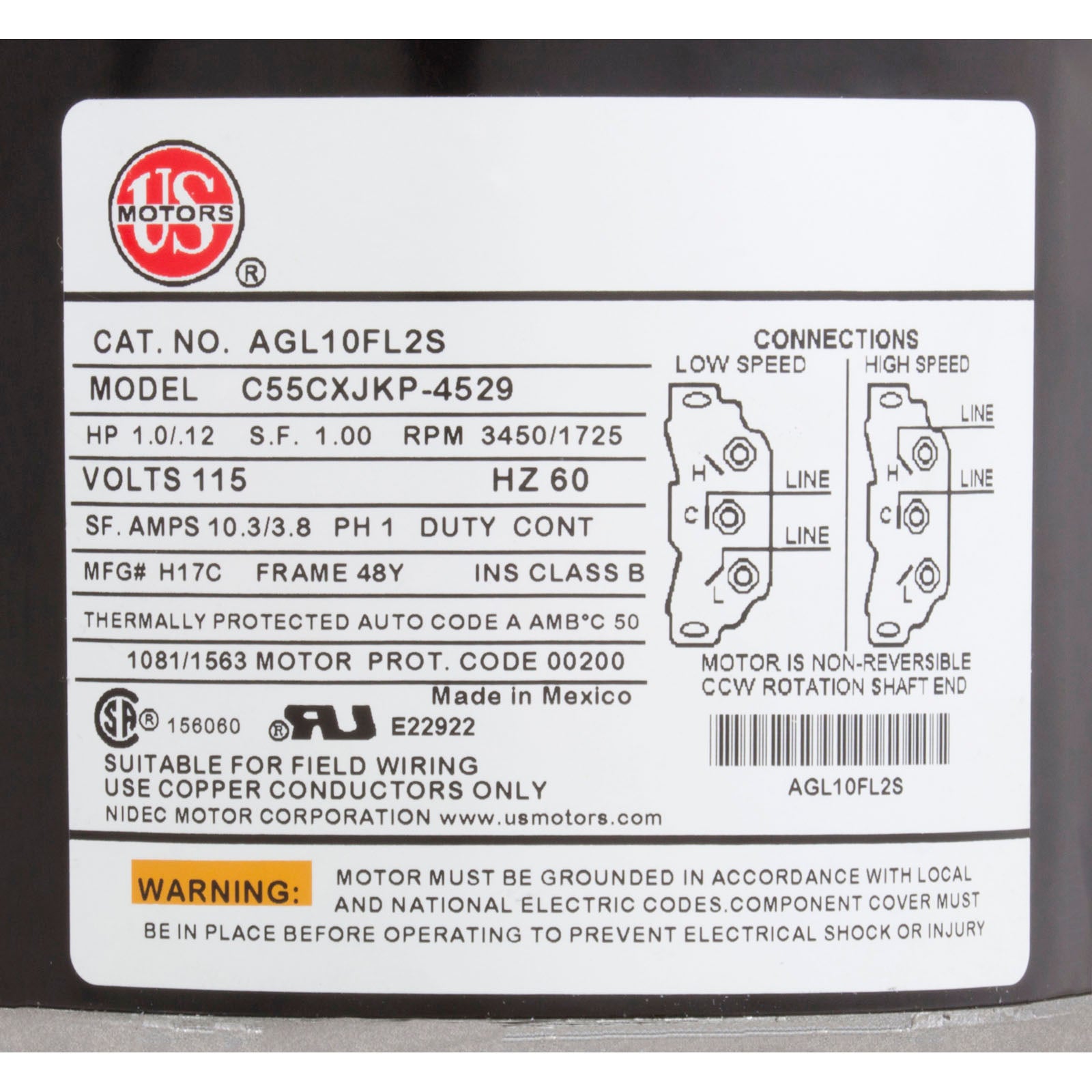 Motor, Nidec, 1.0 Horsepower, ThruBolt, 2-Speed, 115v, 48Y