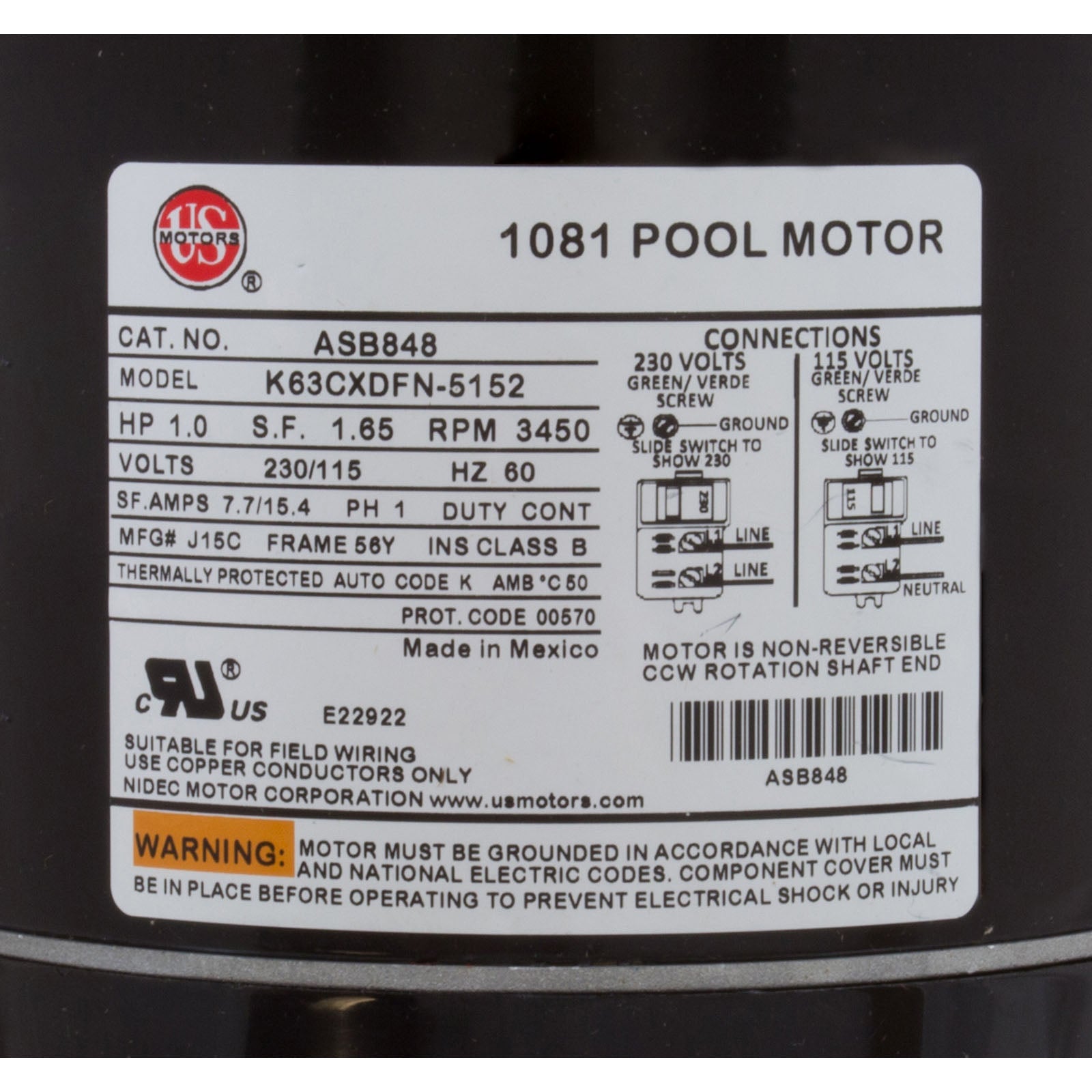 Motor, US Motor, 1 Hp 115/230v SQFL