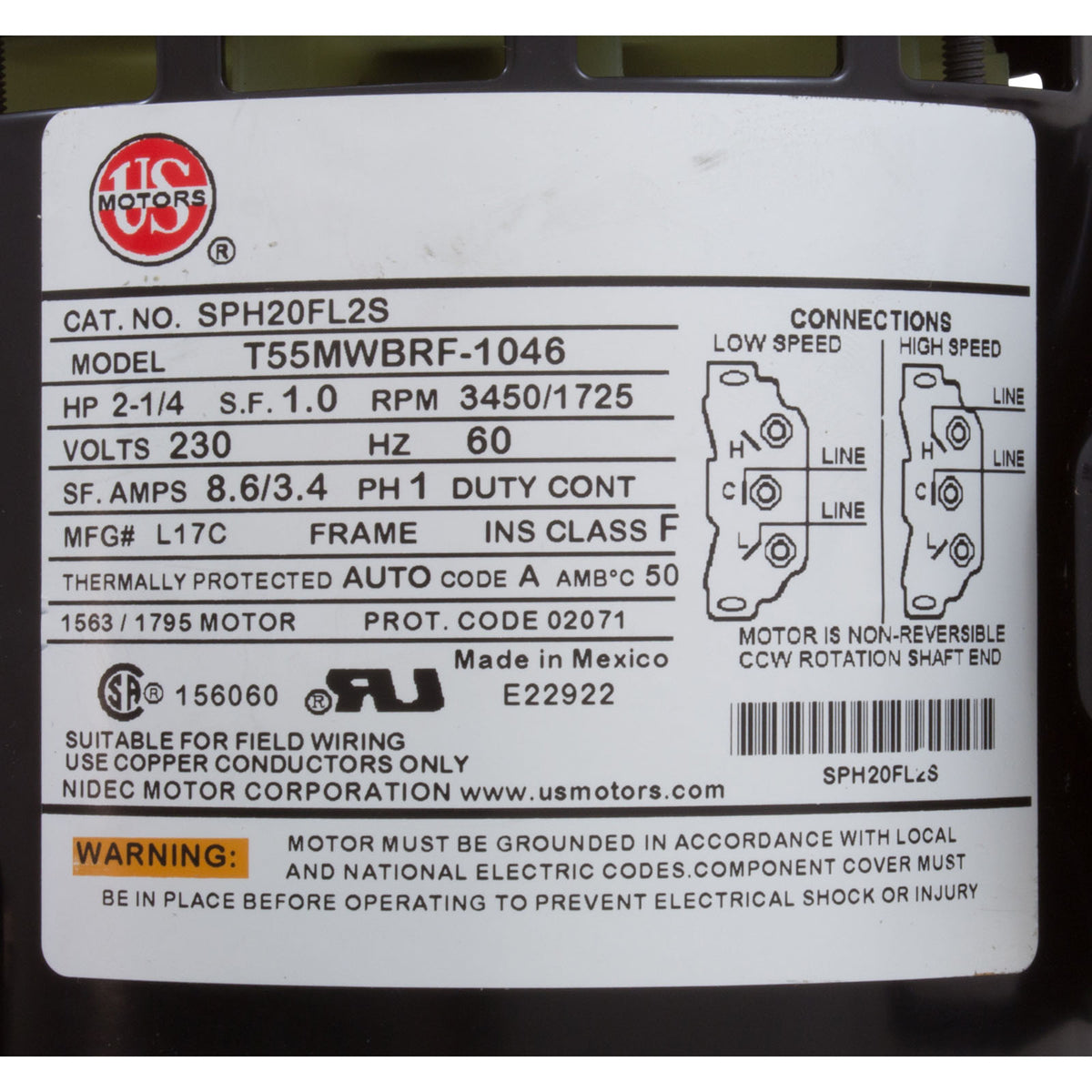Motor, US Motor, 2.0 Horsepower, ThruBolt, 2-Speed, 230v, 48Y