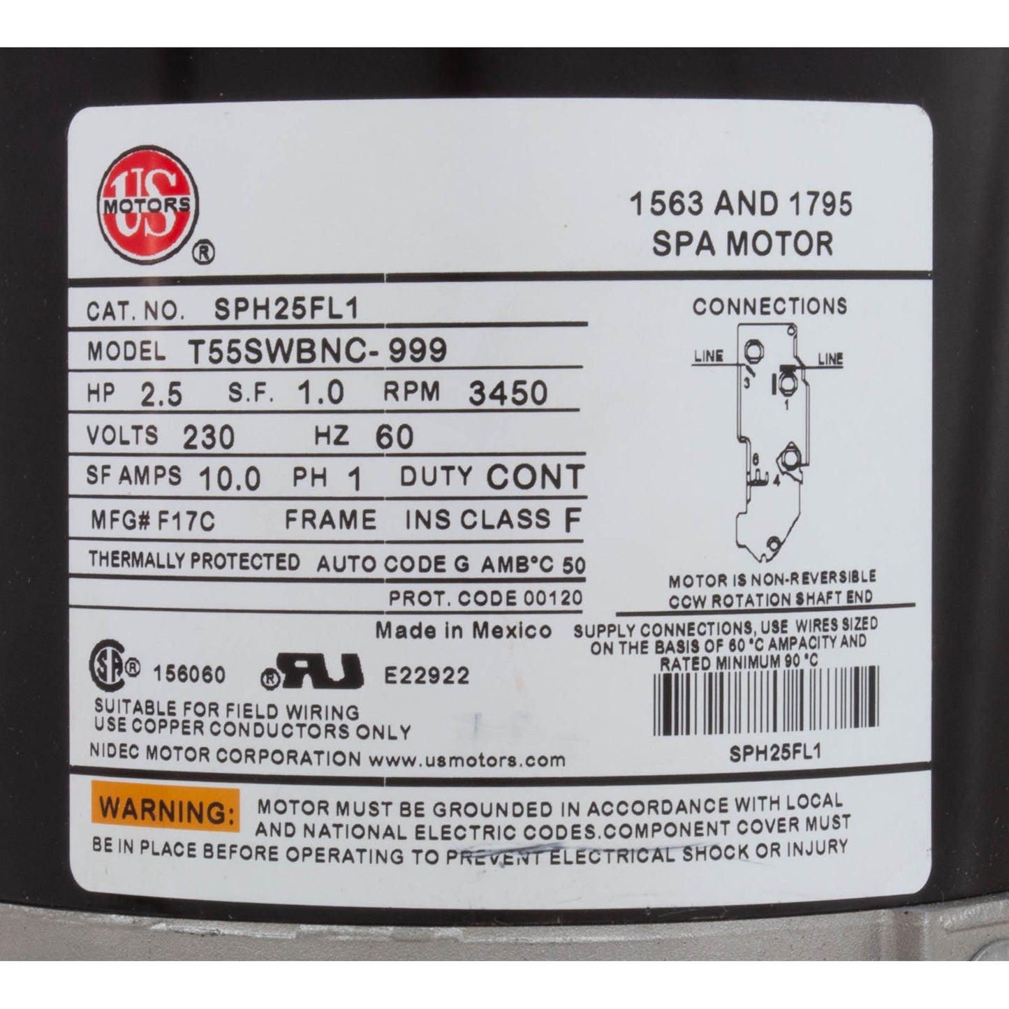 Motor, Nidec/US Motor, 2.5hp, 230v, 1-Speed, 48Y Frame