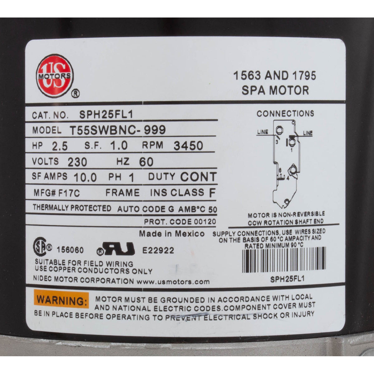 Motor, Nidec/US Motor, 2.5hp, 230v, 1-Speed, 48Y Frame