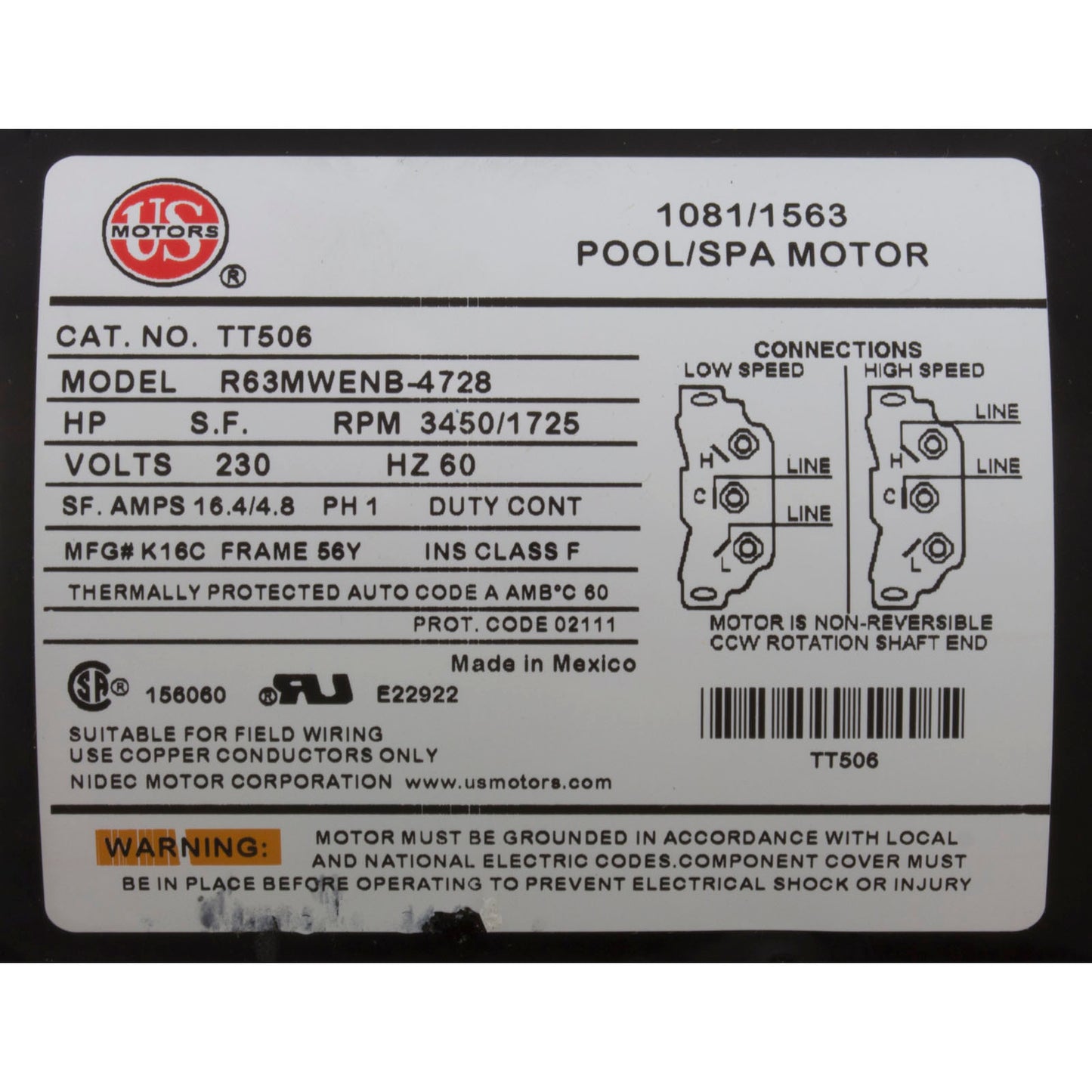 Motor, US Motor/WW, 5.0hp, 230v, 2-Speed, 56Y Frame