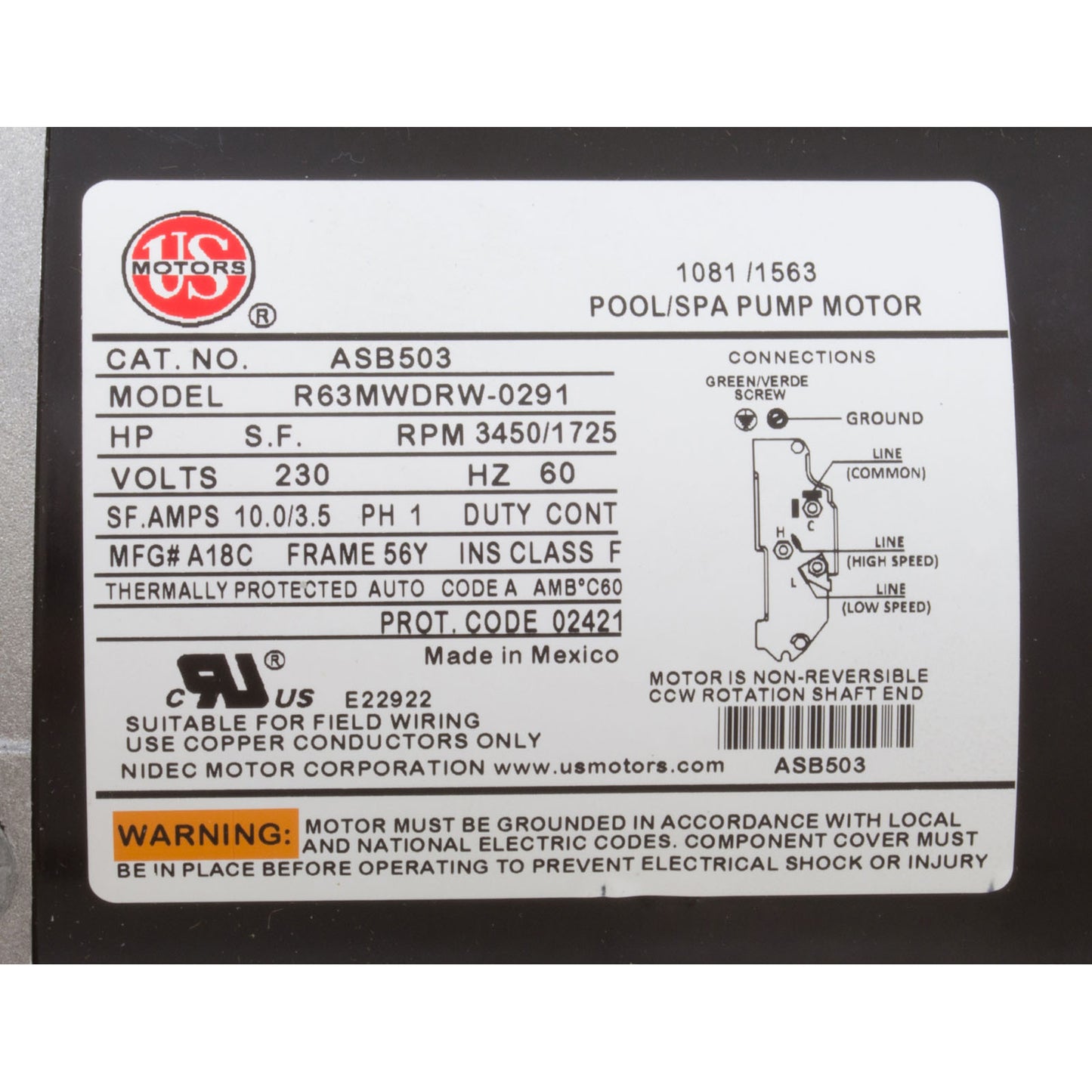 Moteur, moteur US/WW, 1,0 ch, 230 V, 2 vitesses, cadre 56Y