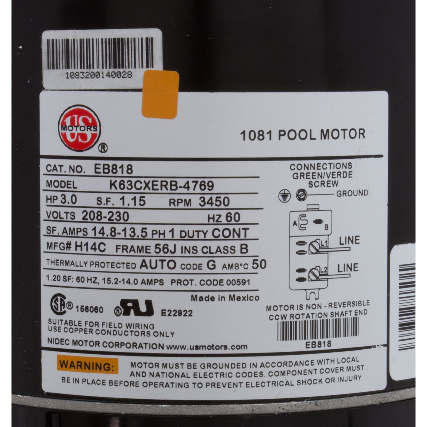 Motor, Nidec/USMtr, 3.0hp, 208-230v, 1Spd, 56Jfr, CFace, Thd, Full