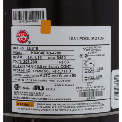 Motor, Nidec/USMtr, 3.0hp, 208-230v, 1Spd, 56Jfr, CFace, Thd, Full