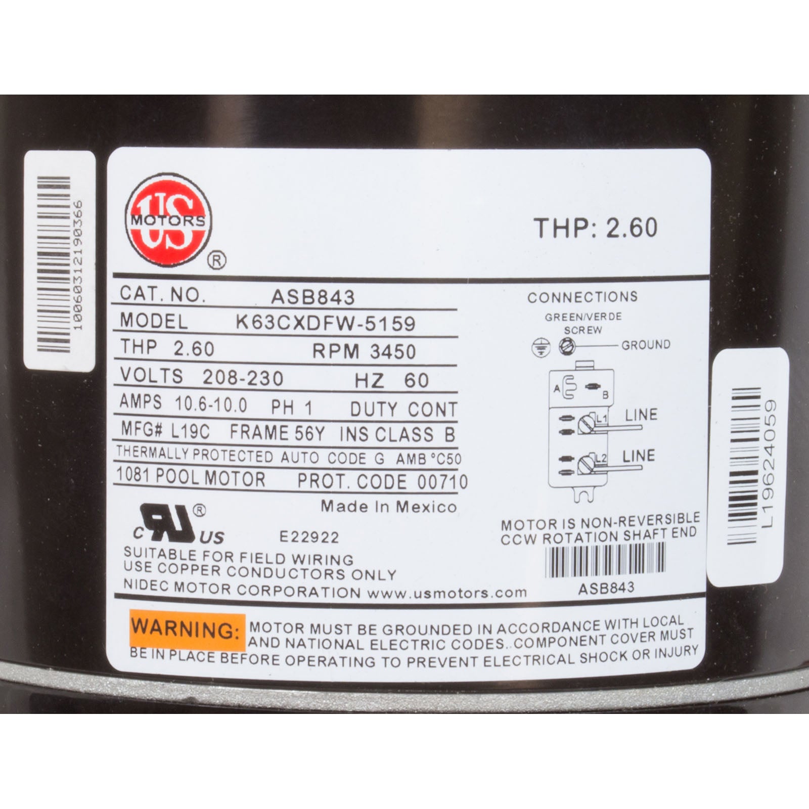 Motor, US Motor, 2.0hp, 208-230v, 56YFr, SQFL, Full, PE