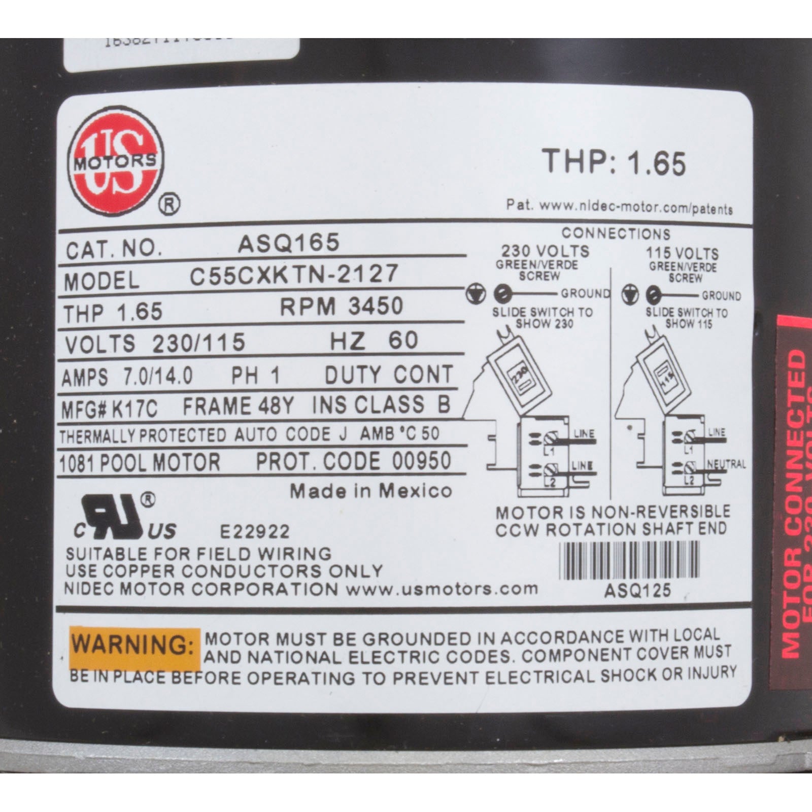Motor, Nidec/US Motor, 1.0hp, 115/230v, 48Yfr, SQFL