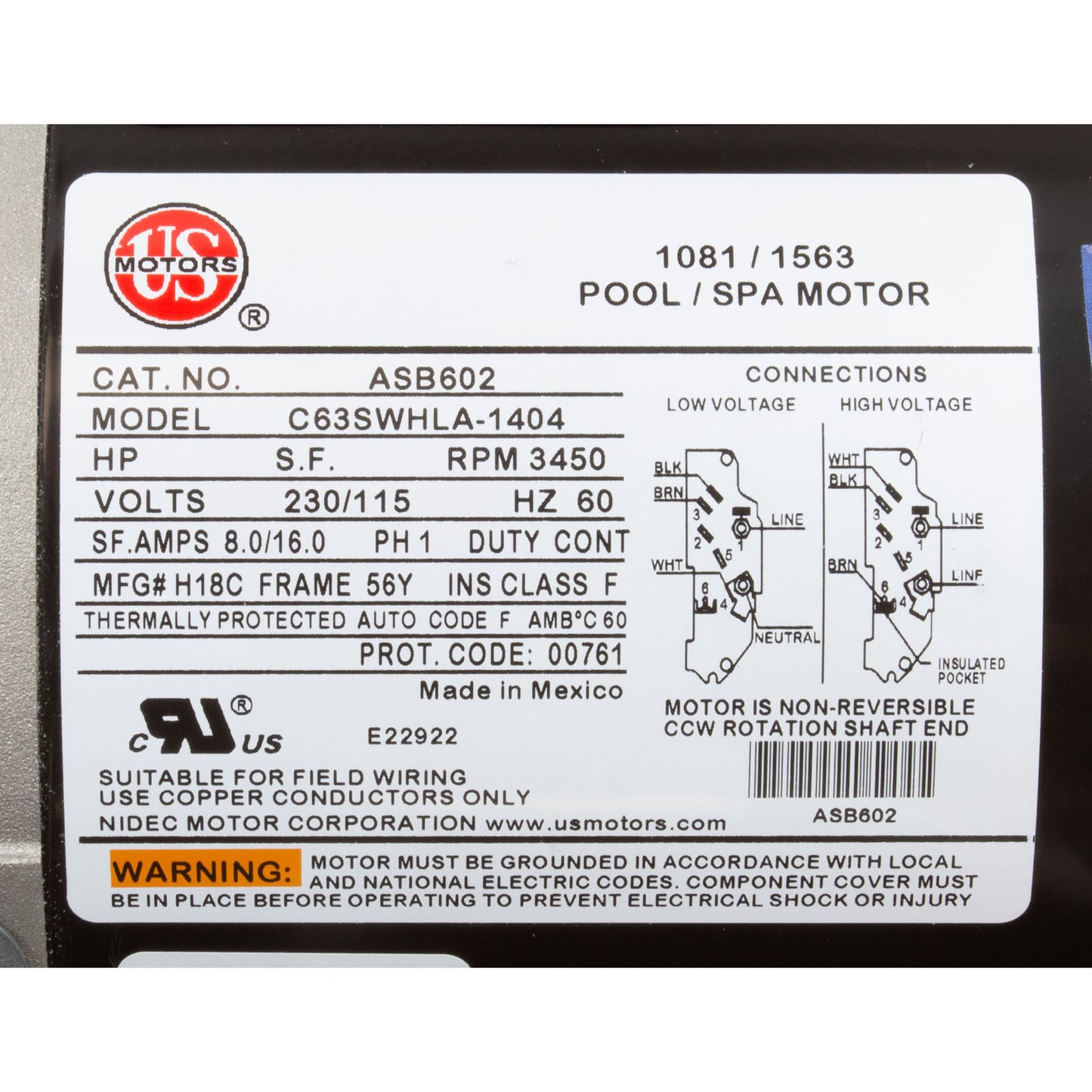 Motor, motor Nidec/US, 1,5 hp, 115 V/230 V, 1 velocidad, chasis 56Y