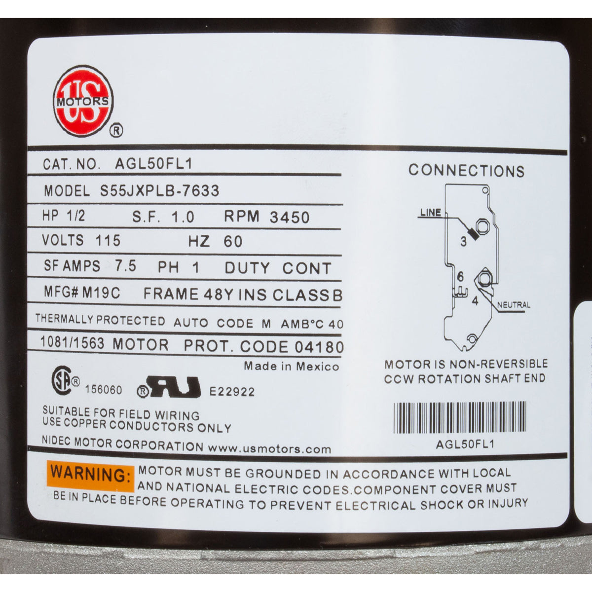 Motor, Nidec/US Motor, 0.5hp, 115v, 1-Speed, 48Y Frame