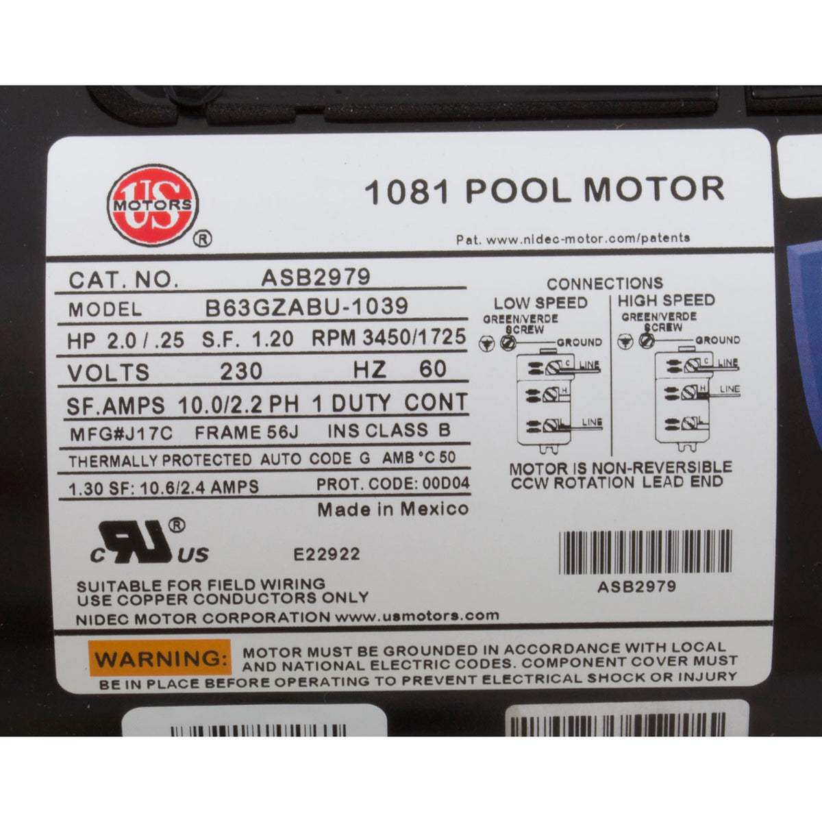 Motor, Nidec/US Mtr, 2.0hp, 230v, 2-Spd, 56Jfr, C-Face, Thd, Full