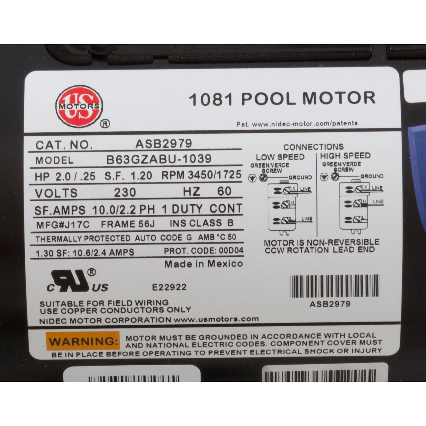 Motor, Nidec/US Mtr, 2.0hp, 230v, 2-Spd, 56Jfr, C-Face, Thd, Full