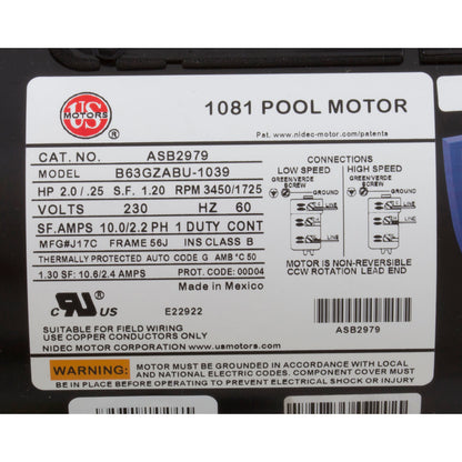 Motor, Nidec/US Mtr, 2.0hp, 230v, 2-Spd, 56Jfr, C-Face, Thd, Full